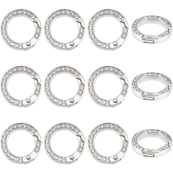 12pcs Alloy Spring Gate Rings with Rhinestone - Platinum - DIY Jewelry Making
