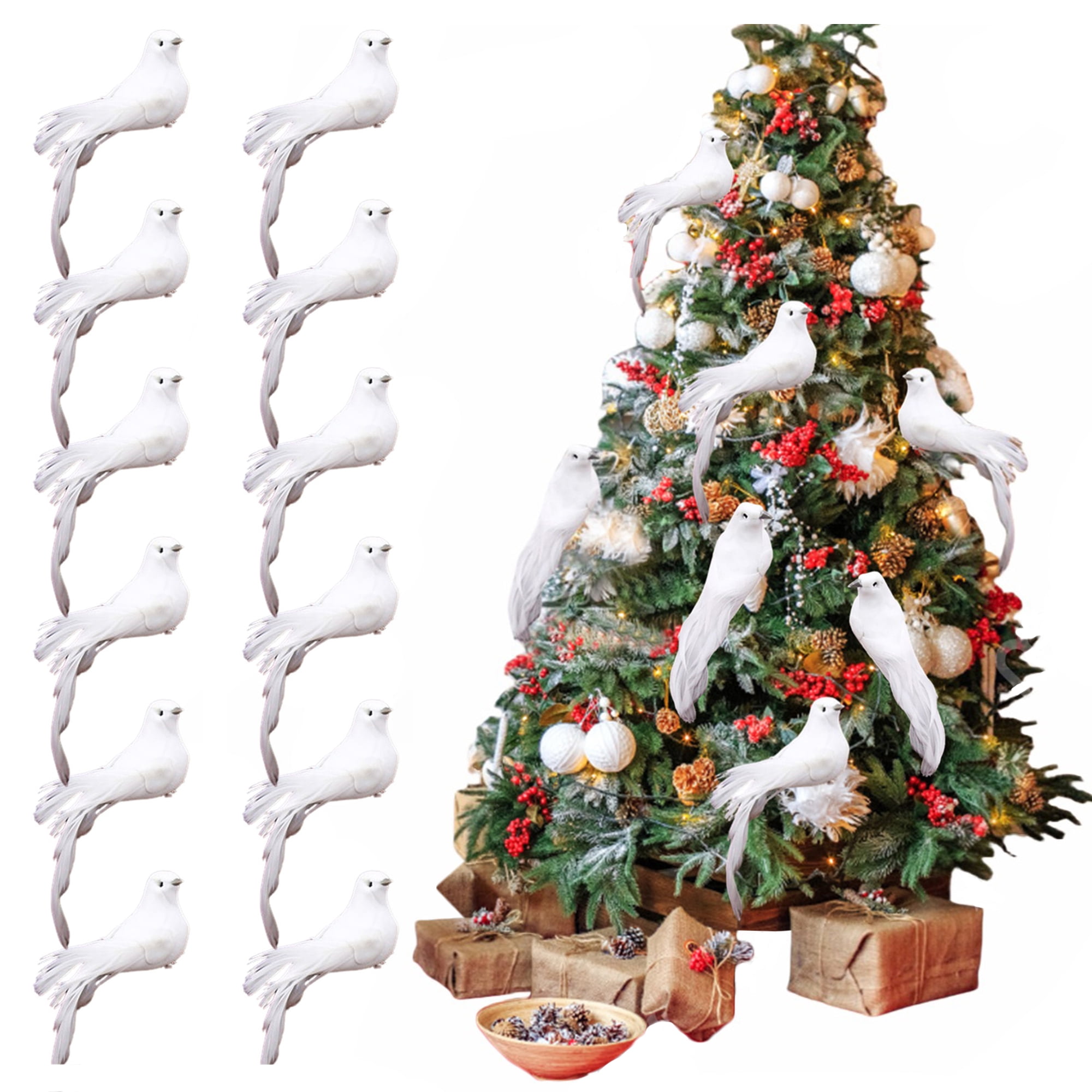 12pcs Artificial Birds 5 Inch White Dove Love Birds Clip on Ornaments