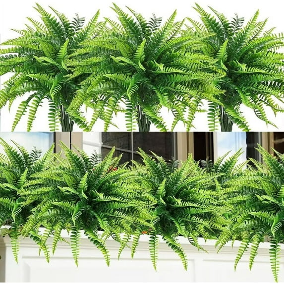 12pcs Artificial Flowers for Outdoor Fake Ferns Artificial Boston Fern Plant Artificial Ferns for Outdoor UV Resistant Plastic Plants