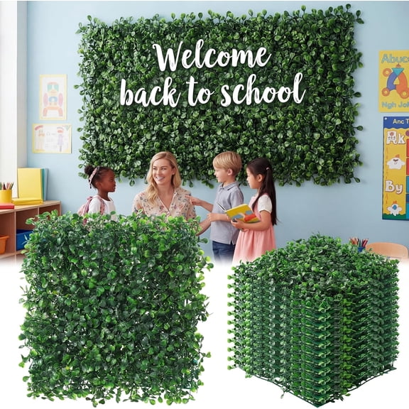 12pcs Artificial Grass Wall Panels for Classroom 10'' x 10'' Boxwood Green Panels Grass Wall Backdrop Faux Garden Greenery Patch UV Protected Back to School Blackboard Decor Indoor Outdoor