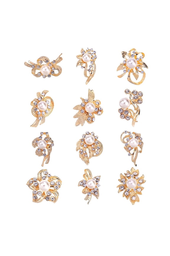 12pcs Assorted Crystal Flower Brooch Pearl Brooch Set Wedding Banquet Brooch Gold