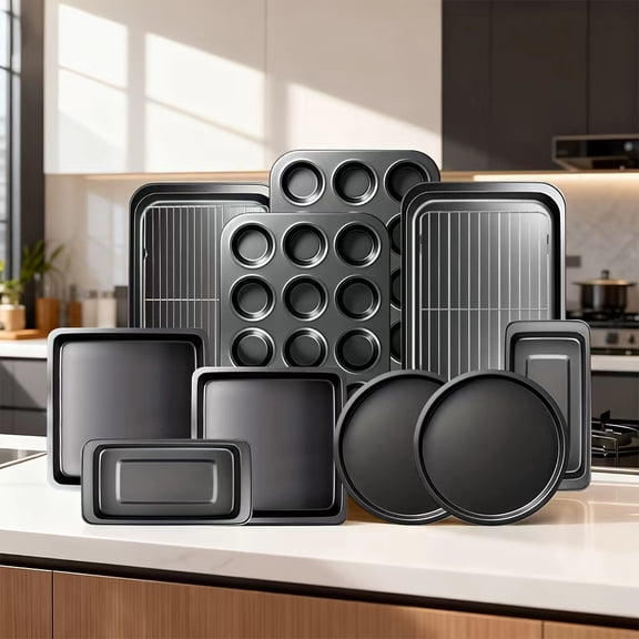 12pcs Bakeware Set Baking Pan Set Non-Stick Kitchen Oven Round/Square Cake Pan, Muffin Pan, Baking Pan, Cookie Sheet Set Baking Supplies Christmas Black