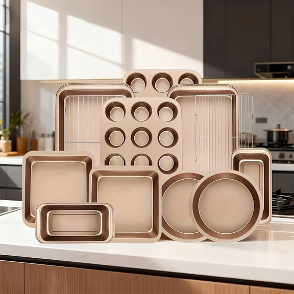 12pcs Bakeware Set Baking Pan Set Non-Stick Kitchen Oven Round/Square Cake Pan, Muffin Pan, Baking Pan, Cookie Sheet Set Baking Supplies Christmas GOLD
