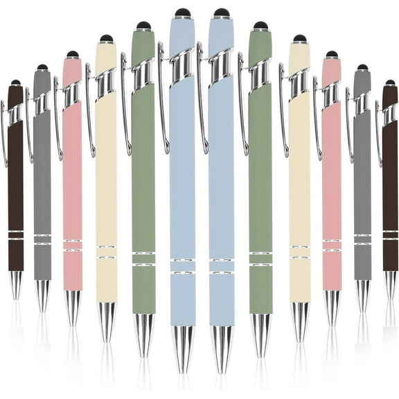 12pcs Ballpoint Pens, 1.0mm Black Ink Soft Touch Click Metal Pen with Stylus Tip for Touch Screens, 2-in-1 Ballpoint Pen with Stylus Tip