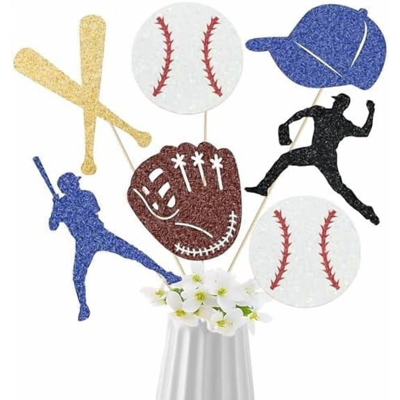 12pcs Baseball Theme Centerpiece Sticks Baseball Party Centerpieces for Table Glitter Baseball Player Birthday Decorations for Boys Baseball Birthday Party Baby Shower Supplies