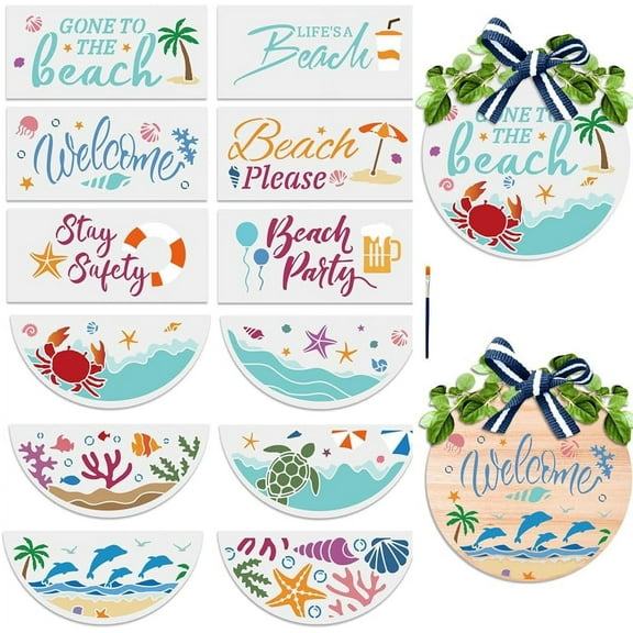 12pcs Beach Ocean Welcome Stencils for Painting On Wood 12" Half Round Stencils Tropical Sea Ocean Creatures Stencil Crab Turtle Dolin Template with Paint Brush on Wood Signs Canvas Wall