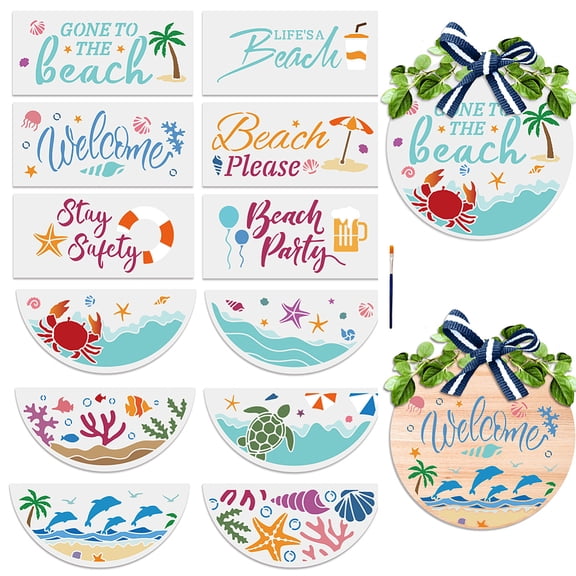 12pcs Beach Ocean Welcome Stencils for Painting On Wood 12" Half Round Stencils Tropical Sea Ocean Creatures Stencil Crab Turtle Dolphin