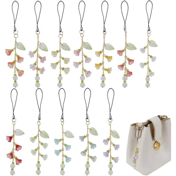 12pcs Beaded Phone Charms 6inch Glass Leaf Flower Beaded Brass Mobile Lanyard Wrist Strap Colorful Anti-Lost Phone Chain Keychain
