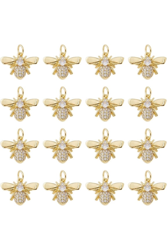 12pcs Bee Charms Honeybee Pendants Brass Cubic Zirconia Pendant Real 18K Gold Plated Charm Animal Dangle Pendants for Jewelry Making DIY Bracelet Necklace Earring Clear