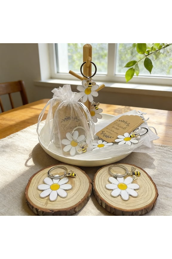12pcs Bee Keychain with Flower Thank You Card Floral Keycharm Appreciation Gift Keyring for Women Nature Keychains Gift