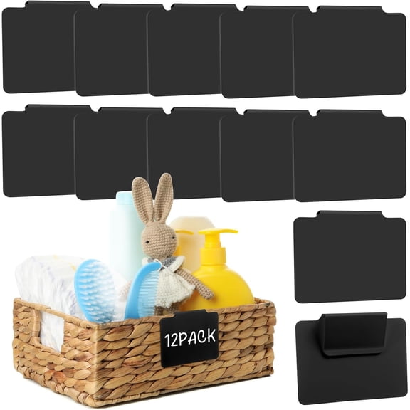 12pcs Black Basket Labels Clip On for Storage Bins, Removable PVC Labels for Baskets with Holders, 3.5x2.7 Inches