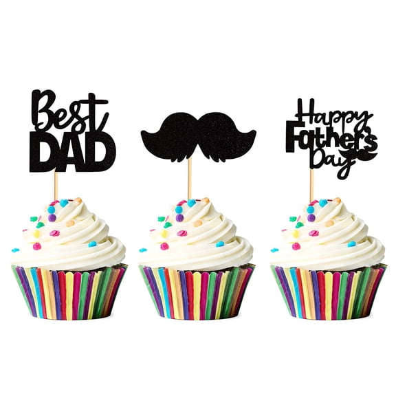 12pcs Black Glitter Best Dad Beard Cupcake Topper Picks for Father's Day Party Decoration, Topper, Small