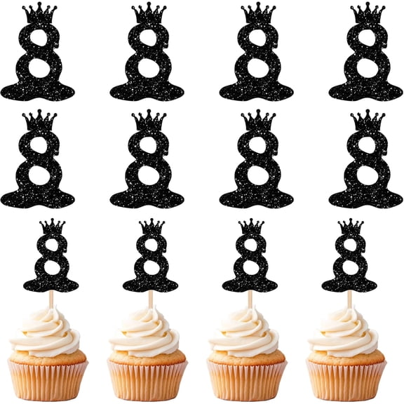 12pcs Black Glitter Crown Number 8 Cupcake Toppers, 8th Birthday Cake Picks for Kids Party Supplies