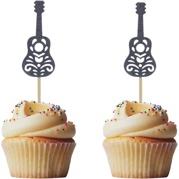 12pcs Black Glitter Guitar Cupcake Toppers for Music Theme Party Birthday Party Wedding Party Decorations