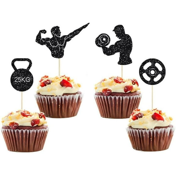 12pcs Black Glitter Gym Theme Cupcake Toppers Bodybuilder Strong Man Sign Birthday ick for Fitness Weight Lifting Sports Muscle Men Supplies for Party Cake Decorations