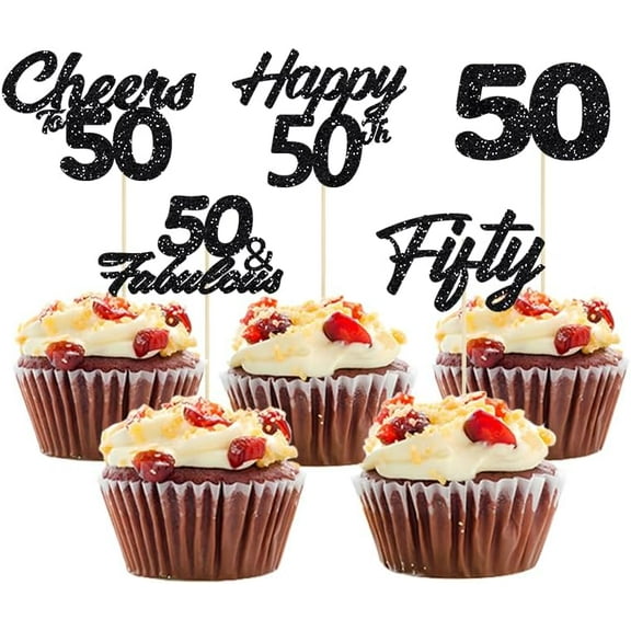 12pcs Black Glitter Happy 50th Cupcake Toppers Cheers to 50 Years Old Birthday Cupcake Picks for Fifty 50 Fabulous Cupcake Picks for 50th Birthday Wedding Anniversary Party Decorations