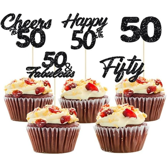 12pcs Black Glitter Happy 50th Cupcake Toppers Cheers to 50 Years Old Birthday Cupcake Picks for Fifty 50 Fabulous Cupcake Picks for 50th Birthday Wedding Anniversary Party Decorations