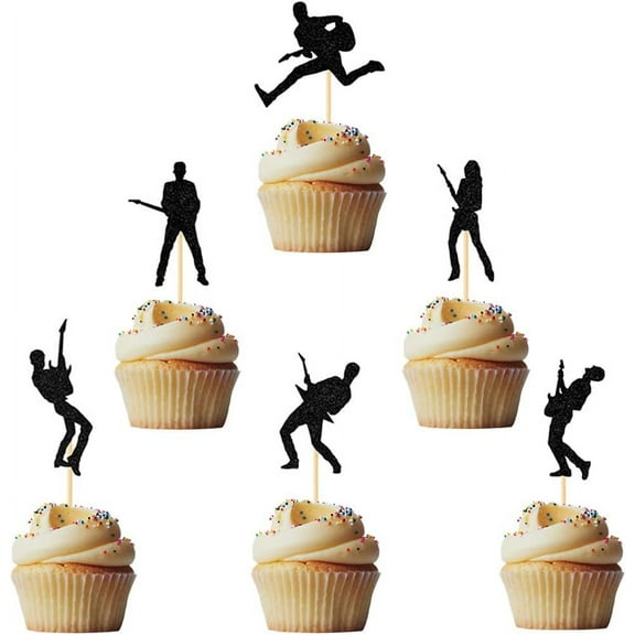 12pcs Black Glitter Rock 'n' Roll Guitar Cupcake Toppers for Music Theme Party 80s Themed Party Rock and Roll Themed Party Birthday Party Wedding Party Decorations