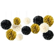 12pcs Black Gold Party Decorations-Black Gold White Tissue Paper Pom Poms for Wedding, Birthday, Bachelorette, Graduation 2022 Decorations, Prom Decorations, Anniversary Party Supplies