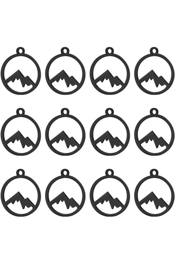 about 12pcs Black Mountain Charms Flat Round with Mountain Dangle Pendants 14x12mm Stainless Steel Pendants Hypoallergenic Hollow Charms for Outdoor Lovers Hikers Skiers Climbers Black