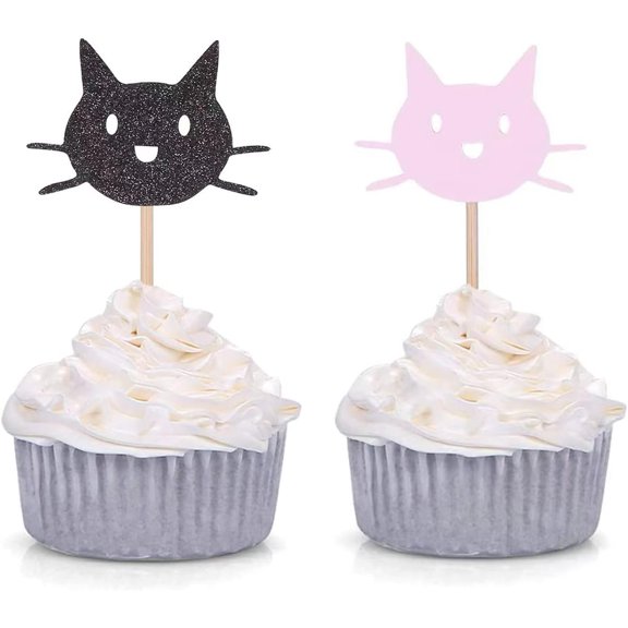 12pcs Black and Pink Cat Cupcake Toppers Baby Girl's Birthday/Cat Lover/Kitten Pet Theme Party Decorations
