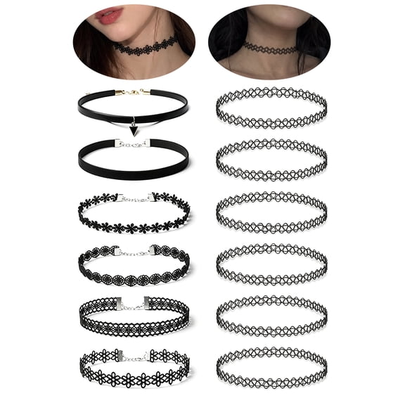12pcs Black choker necklaces for woman - These chokers set combines 12 different popular styles of black choker at present. Black goth necklace include lace choker, velvet choker, tattoo choker, thic