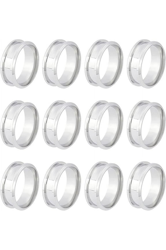 12pcs Blank Core Ring Size 7 Stainless Steel Grooved Finger Ring with Velvet Pouches Round Empty Ring Blanks
