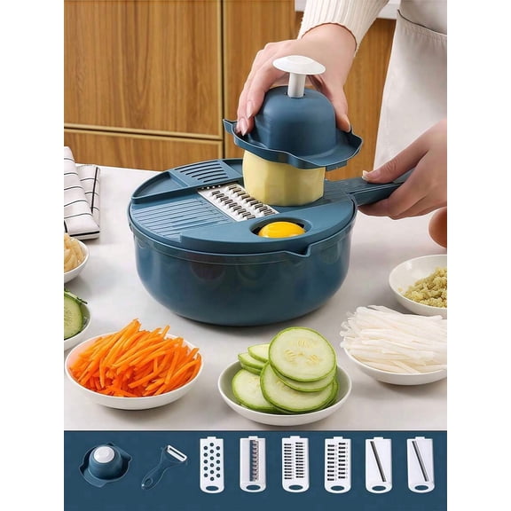 12pcs Blue Circular Vegetable Slicer, Multifunctional Fruit Slicer, Manual Food Grinder, Vegetable Grinding Machine, Cutter With Container, 6-Blade Potato Grinder, Home Potato Slicer, Kitchen Gadget
