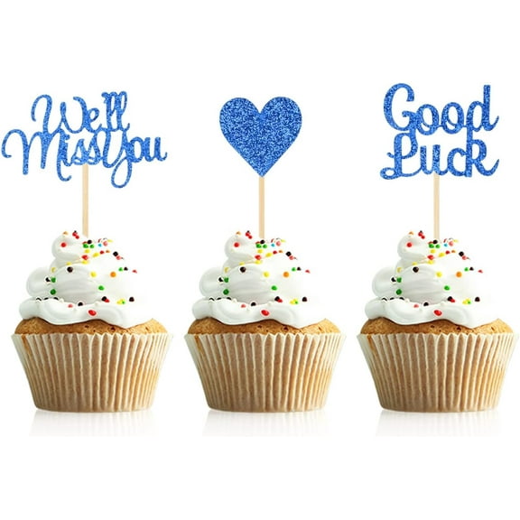 12pcs Blue Glitter We Will Miss You Cupcake Toppers Good Luck Heart Cake Picks for Going Away Party Table Decorations