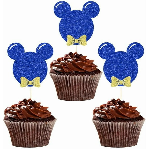12pcs Blue and Gold Mouse Inspired Cupcake Toppers with Bow Glitter Mini Picks Baby Shower Kids Boys Birthday Party Cake Decorations Supplies