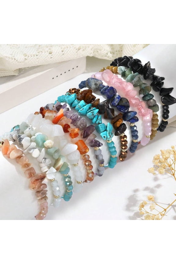 12pcs Bohemian Natural Stone Beaded Bracelet Set - Random Multicolor Gemstone Mix For Adults