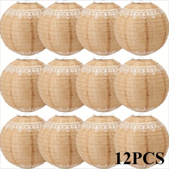 12pcs Boho Burlap Paper Lanterns With Lace Print - 8 Inch Rustic White And Beige Hanging Decorations, Bulk For Weddings, Parties, Housewarming Gifts, Bohemian Chinese Japanese Hanging Paper Lamps