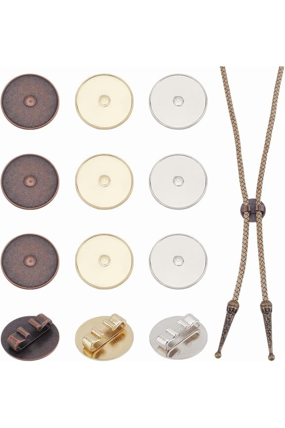 12pcs Bolo Tie Tips 3 Colors Bolo Tie Clip Alloy Round Bolo Tie Slides Blank 0.9inch Bolo Tie Buckle Replacement Accessories for 3mm Leather Cord DIY Bolo Tie Necktie Necklace Making