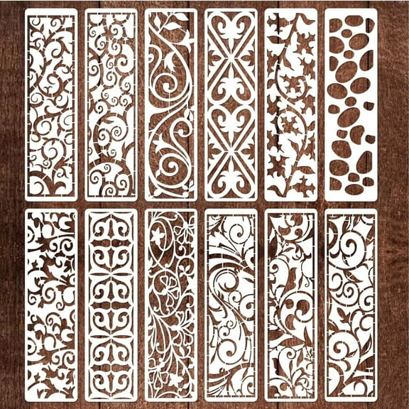 12pcs Border Stencils for Painting, Leaf Stencil Template Reusable Furniture Cake Decorative Stencils for Wood DIY Craft Canvas Fabric (12 Border Floral)