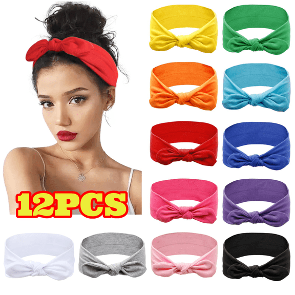 12pcs Bow Headbands for Women, Knotted Rabbit Ears Headband, Stretchy Turban Head Wraps, Hair Accessories for Girls