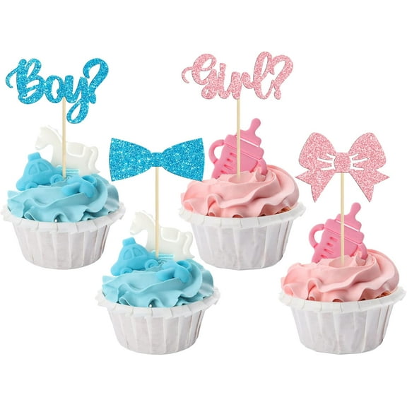 12pcs Boy or Girl Cupcake Toppers Glitter Bow Tie Cupcake Picks Baby Shower Cake Topper Decorations for Kids Birthday Gender Reveal Party Cake Decorations Supplies