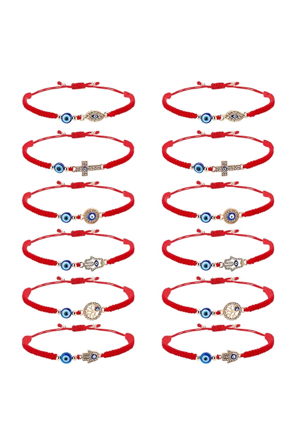 12pcs Bracelets 6 Style Adjustable Lucky Beaded Bracelet Hamsa Hand Rhinestone Tree Bracelet Red String Stackable Bracelet 1.8~3.1inch