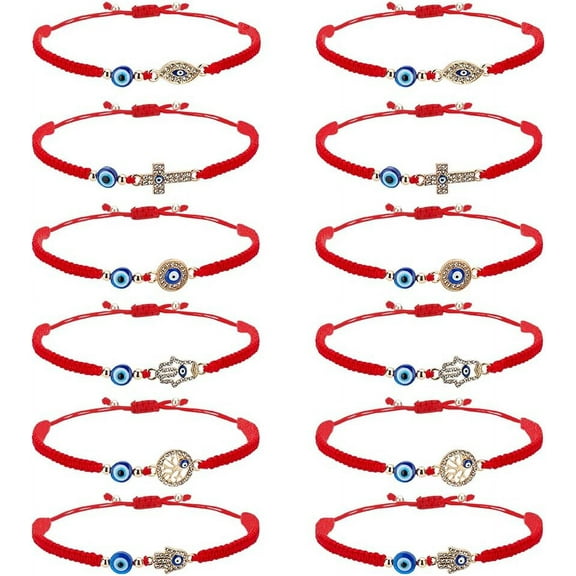 12pcs Bracelets 6 Style Adjustable Lucky Beaded Bracelet Hamsa Hand Rhinestone Tree Bracelet Red String Stackable Bracelet for Men Women 1.8~3.1inch