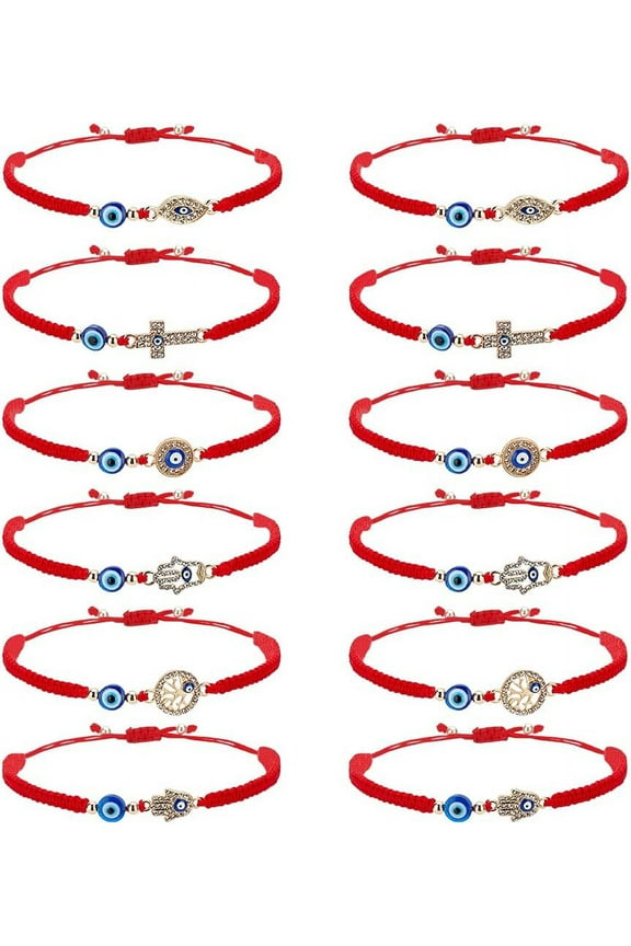 12pcs Bracelets 6 Style Adjustable Lucky Beaded Bracelet Hamsa Hand Rhinestone Tree Bracelet Red String Stackable Bracelet for Men Women 1.8~3.1inch