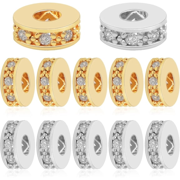 12pcs Brass Cubic Zirconia Spacer Beads Flat Round Micro Pave Zirconia Charm Beads Rondelle Rhinestone Spacer Beads for DIY Bracelet Necklace Jewelry Making Supplies, 2 Colors