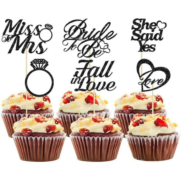 12pcs Bride to be Cupcake Toppers,Glitter Fall in Love She Said Yes Heart Ring cake Picks for Bridal Shower Miss to Mrs Wedding Party Supplies,Black