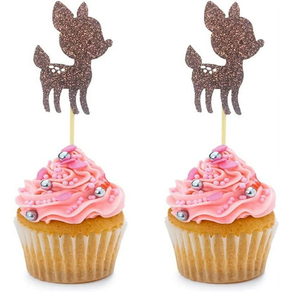 12pcs Brown Glitter Deer Baby Fawn Cupcake Toppers Picks for Kid's Party Baby Shower Wedding Birthday Cake Theme Party Decorations Supplies