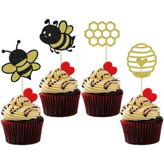 12pcs Bumble Bee Cupcake Toppers Black Gold Glitter Bee Gender Reveal Honeycomb Cupcake Picks Baby Shower Cake Kids Boys Girls Birthday Party Cake Decorations Supplies