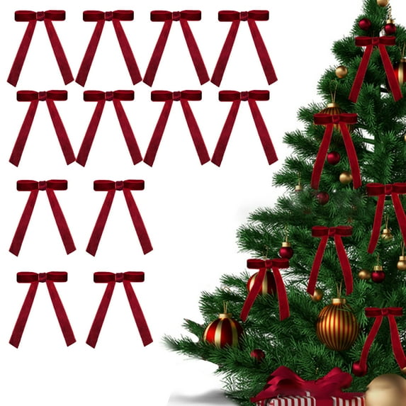 12pcs Burgundy Red Velvet Bows for Christmas Tree Decorations, Wreath Garland Velvet Bows with Twist Tie, Christmas Velvet Wreath Bow,Pre Tied Premade Velvet Bows for Christmas Tree