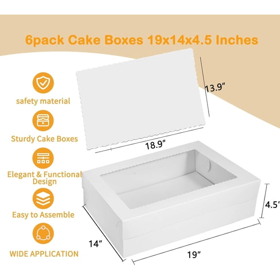 12pcs Cake Boxes with Cake Board, 19x14x4.5 Inches White Bakery Boxes with Large Window for Quarter Sheet Cakes, Donuts, Cupcakes, Pastry & Pies (12)