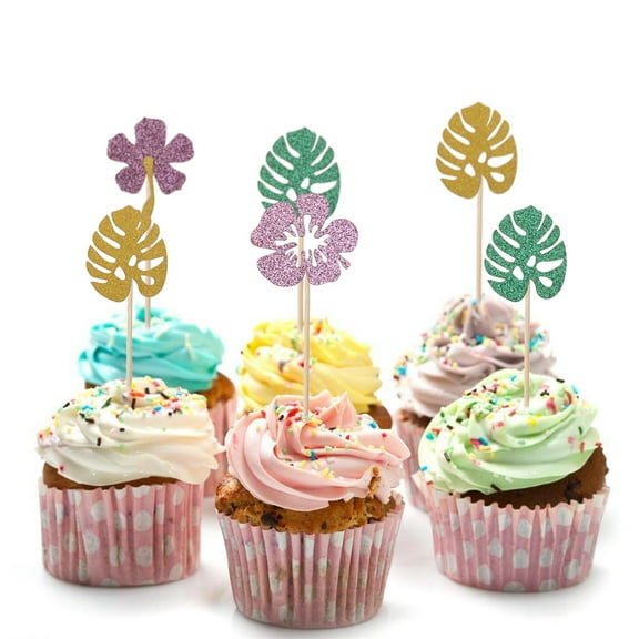 12pcs Cake Inserted Decoration Plugin Banana Leaf Plug-in Flower Cake for Hawaiian Party Bithday Party