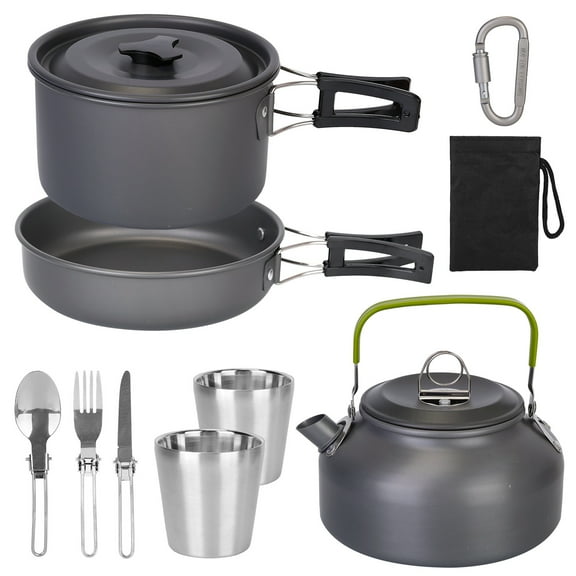 12pcs Camping Cookware Mess Kit, Non-Stick Lightweight Pot Pan Kettle Set with Stainless Steel Cups Forks Knives Spoons for Campin