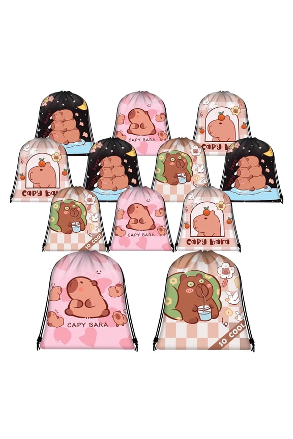 Capybara Cartoon Drawstring Backpack, 12 Pack Colorful Polyester Bags with Shoulder Straps for Holiday Gifts, Party Favors, School, Travel