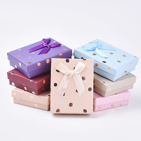 12pcs Cardboard Jewelry set boxes with Sponge Inside Ribbon Bowknnot for Rings Necklaces and Earring Rectangle Polka Dot Pattern Mixed color 9.2x7.1x2.6cm Inner Size: 8.6x6.5cm