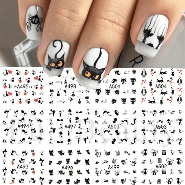 12pcs Cartoon Cute Cat Stickers For Nails Star Flower Bow Nail Water Decals Sliders Korean Japanese Nail Art Manicure Decoration